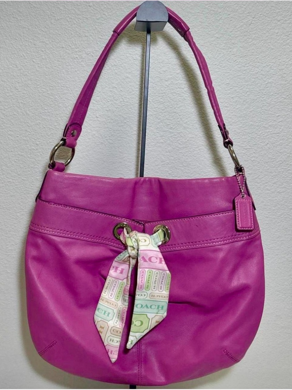 Coach Fuchsia Leather Shoulder Bag with Scarf Accent